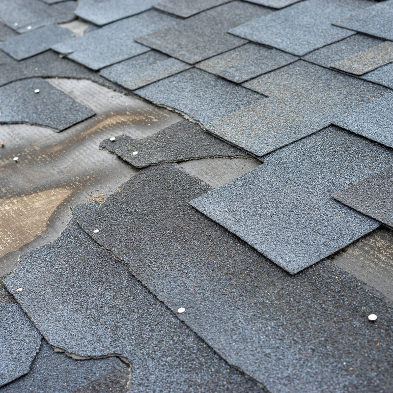 close-up of a damaged shingle roof